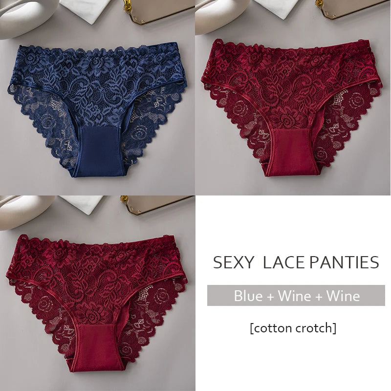 Women’s Lace Briefs 3‑Pack – Floral Embroidery, Mid‑Rise - 3KDyn